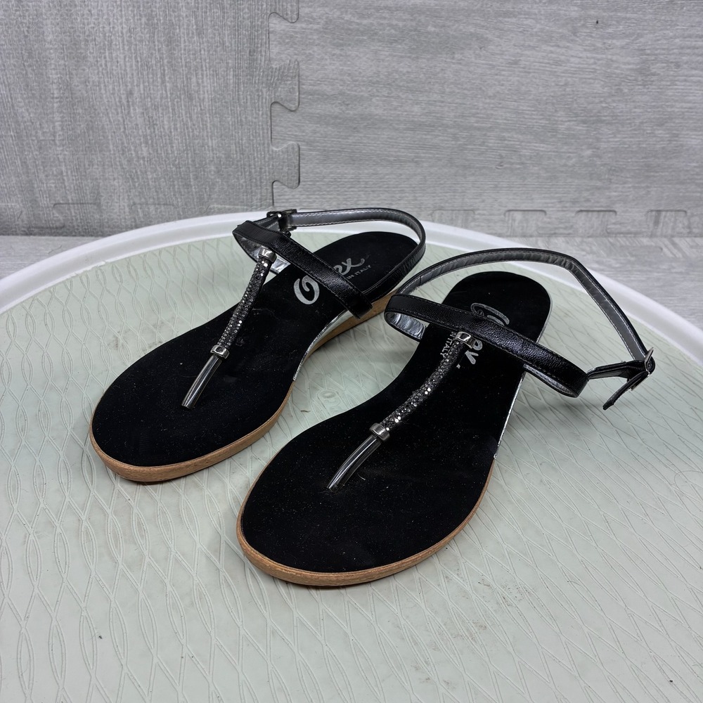 Onex Sandals Women's 7 Black Leather Crystal T-Strap Wedge Made in Italy